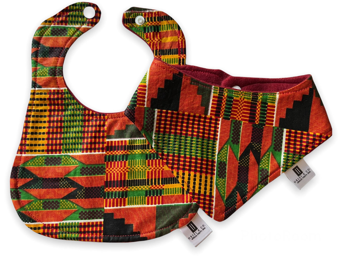 Kente print baby bib gift set, includes kente bib and kente bandana bib. Kente print baby bib: Keywords include: african print baby bib, ankara print baby bib, handmade baby bib, best baby shower gift  