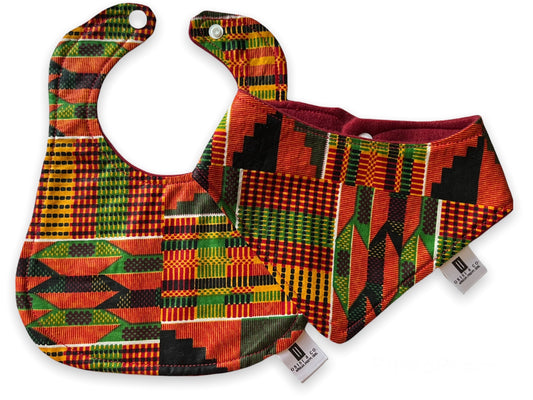 Kente print baby bib gift set, includes kente bib and kente bandana bib. Kente print baby bib: Keywords include: african print baby bib, ankara print baby bib, handmade baby bib, best baby shower gift  
